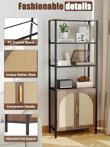 71" Tall Rattan Bookcase with LED Light, 3 Open Shelves & 2 Door Storage Cabinet, Mid Century Boho Bookshelf, Open Display Bookcase for Living Room, Home Office, Bedroom