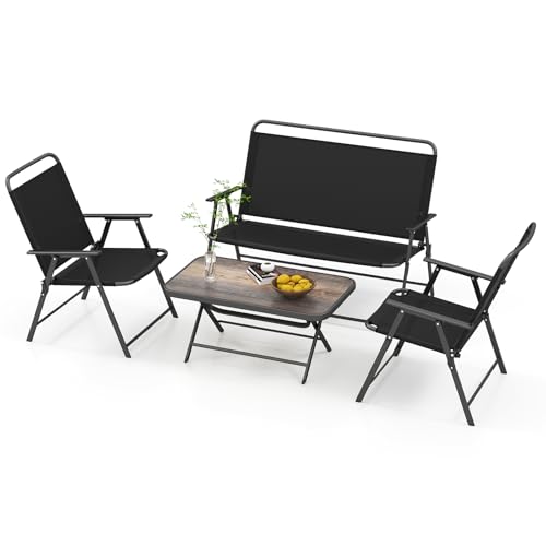 4 Piece Folding Patio Furniture Set, Metal Chair & Table Set with Breathable Fabric Seat, Outdoor Sectional Conversation Set with 2 Patio Chairs, Loveseat, Coffee Table for Yard Porch Deck