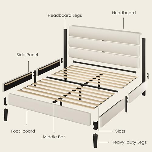 Queen Bed Frame, Platform Bed Frame with Velvet Upholstered Headboard, view 7