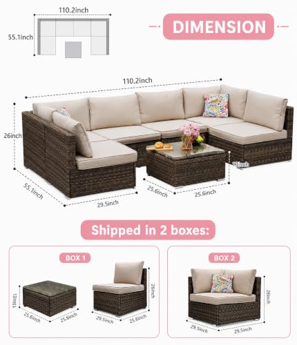 7-Piece Outdoor Patio Furniture Set - PE Wicker Sectional Sofa Set,with (Beige) Cushions and Glass-Top Coffee Table, Perfect for Gardens, Poolside, Backyard, Beige/Brown
