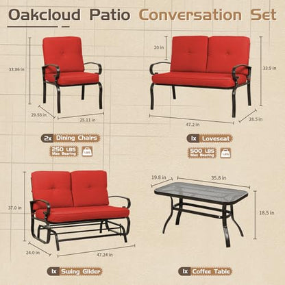 5-Piece Outdoor Metal Furniture Sets Patio Conversation Set Wrought Iron Glider, 2 Single Chairs, Loveseat and Coffee Table, Red