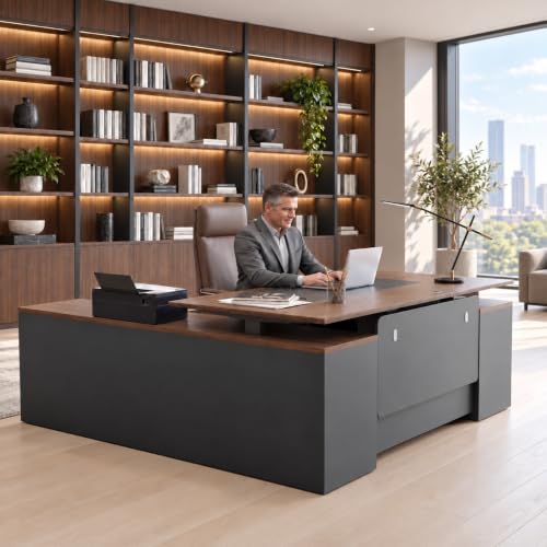 71" L Shaped Executive Standing Desk with File Cabinet, Power Outlet & USB, view 2