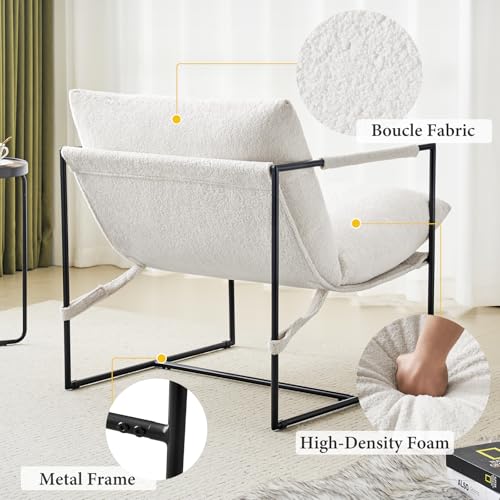 Furnilivng Large Sling Accent Chairs Set of 2, Comfortable Boucle Fabric Arm Chair, Upholstered Cozy Reading Chair for Living Room, Bedroom, Dressing Room, Home Office, White