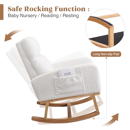 Rocking Chair Nursery, Sherpa Nursing Rocking Armchair for Mom Nursery Morden Rocker Chair with High Backrest for Living Room,Bedroom,Teddy White