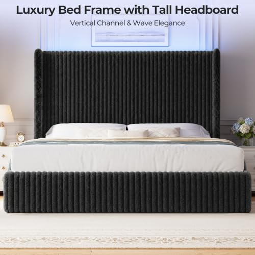 King Size 55" Tall Upholstered Bed Frame with Wingback Headboard, view 4