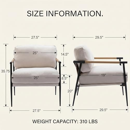 Mid-Century Modern Accent Chairs Set of 2 - Soft Linen Upholstered Lounge Reading Chair for Bedroom - Comfy Lightweight Livinig Room Chairs - Beige