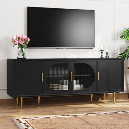 66" TV Stand with Storage Glass Door, Entertainment Center, Black, view 2