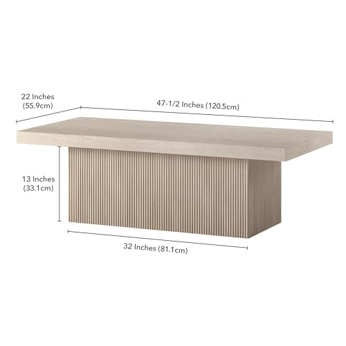 48" Fluted Low-Profile Rectangular Coffee Table with Ribbed Base for Living Room, Family Room, or Office, Beech White