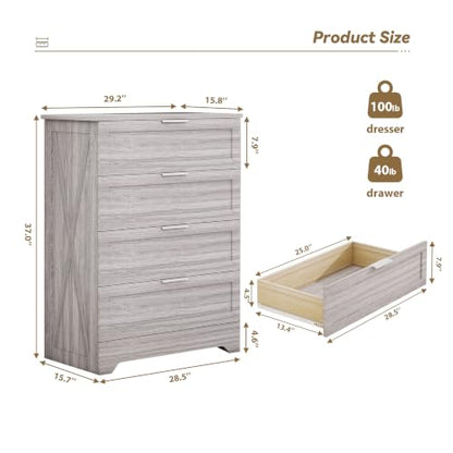 Farmhouse Dresser for Bedroom, 37’’ Tall Wood Chest of Drawers, Wash Grey, view 3