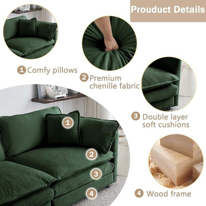 Sectional Sofa 3-Seater Modular Couch with Ottoman - Green L-Shaped 111.5" Deep Seat Living Room Furniture | Customizable Sizing