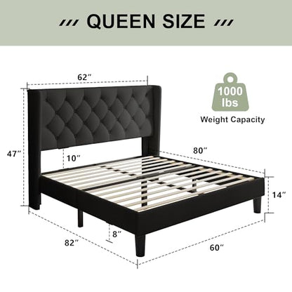 Queen Bed Frame with Upholstered Wingback Headboard, view 3