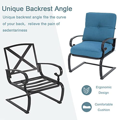 Outdoor Furniture 3Pcs Patio Bistro Set, Springs Motion Chairs and Bistro Round Table Set, Metal Small Patio Conversation Set with Cushions (Peacock Blue)