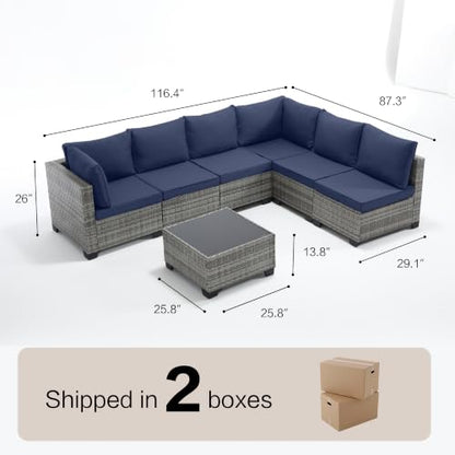 7-Piece Outdoor Patio Furniture Set, Grey PE Rattan Weaving Sofa with Navy Blue Cushions and Steel Frame, Coffe Table Included, Outdoor Conversation Set for Balcony, Porch, Backyard