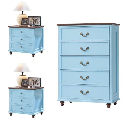 24" Wide Farmhouse Nightstand Set of 2, 54" 7 Drawers Dresser, 45" Tall Rustic Chests of 5 Drawers w/ 4 Solid Wood Feet, Farmhouse Furniture Series for Living Room,Bedroom,LightBlue
