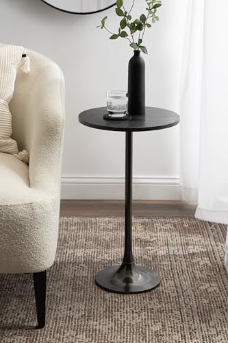 Baronet Glam Marble Round Side Table; 14 x 14 x 24; Black Marble and Gray Gunmetal; Marble Top Circle End Table for Use as a Bedroom Nightstand or Living Room Plant Stand Option