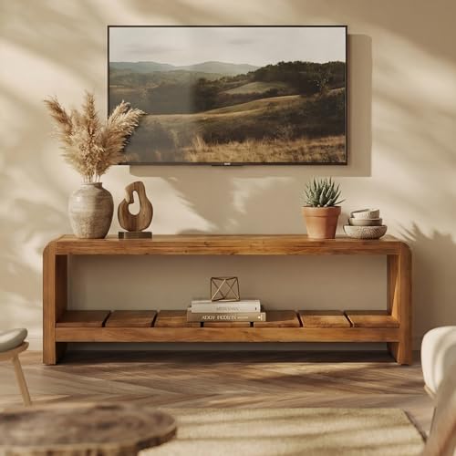 59.06" TV Stand for 55/60/65-Inch TVs, Farmhouse Media TV Console with Storage Shelf, Long Entertainment Center Television Stand for Living Room, Bedroom, Walnut Brown