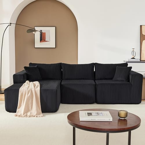 97" Boneless Couches for Living Room, Cloud Couch Sectional with Deep Seat, Comfy Couch with L-Shaped Chaise, Minimalist Upholstered Modular Sectional Sofa, No Assembly Required (Corduroy,Black)