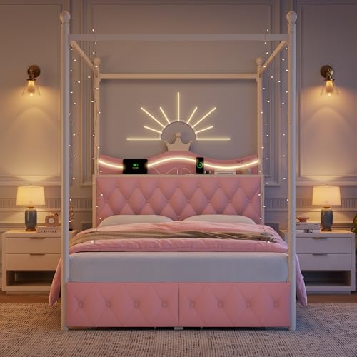 Queen Size Upholstered LED Canopy Bed Frame with Charging Station and Drawer, view 2