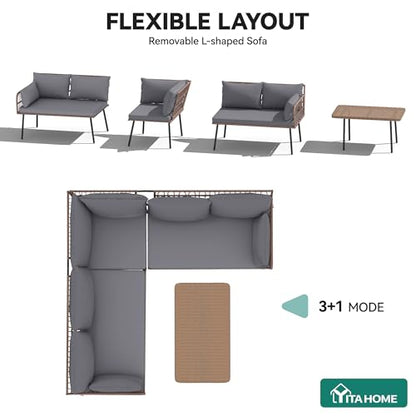 4-Piece Wicker Patio Furniture Set, All Weather PE Rattan Conversation Set Sectional Sofa with Soft Cushions & Side Table, Porch Furniture for Deck, Balcony, Backyard - Gray