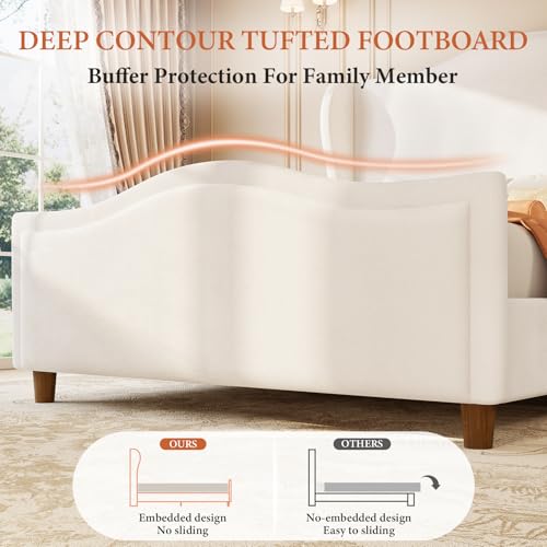 Queen Upholstered Bed Frame with Tall Headboard & Footboard, White, view 6