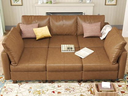Faux Leather Modular Sleeper Couch Sectional Sofa Bed with Storage,Convertible Faux Leather Sectional Sofa,Brown