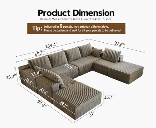 139.4" Modular Sectional Sofa Couch, Oversized U-Shaped Minimalist Couches with 2 Ottomans Chaise and 2 Middle Seats, Modern Deep Seat Cloud Plush Corduroy Sofas Set for Living Room, 8 Seater, Camel