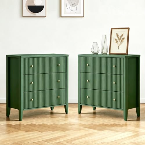 Large Nightstand Set of 2,34”Wide Fluted Painted Bedside Table with 3 Drawer Dresser,Large End Tables with Storage, Metal Handle & Rounded Corners for Bedroom,Alabaster White