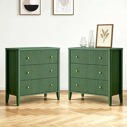 Large Nightstand Set of 2,34”Wide Fluted Painted Bedside Table with 3 Drawer Dresser,Large End Tables with Storage, Metal Handle & Rounded Corners for Bedroom,Alabaster White
