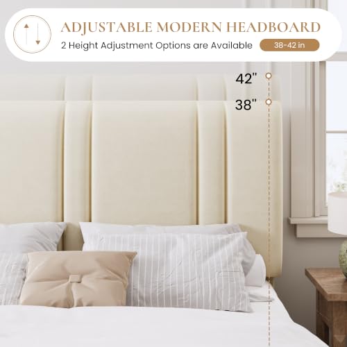 California King Size Bed Frame with Adjustable Headboard, Cream, view 6