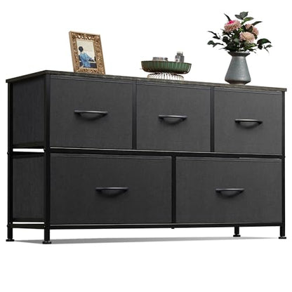 Wide Dresser for Bedroom, 5 Drawer Chest of Drawers, Charcoal Black, view 2