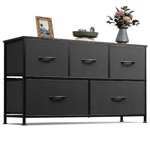 Wide Dresser for Bedroom, 5 Drawer Chest of Drawers, Charcoal Black, view 2