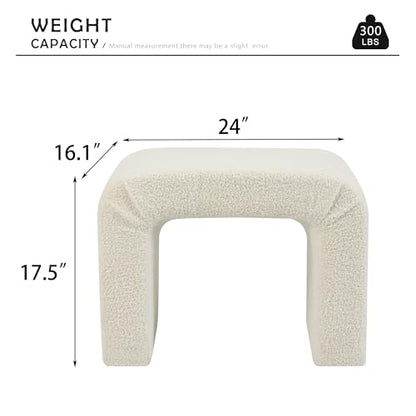 Modern Boucle Ottoman Footstool, 24" Arched Upholstered Vanity Stools for Makeup Room, Small Foot Rest for Entryway, Living Room, Bedroom (Fully Assembled)，White