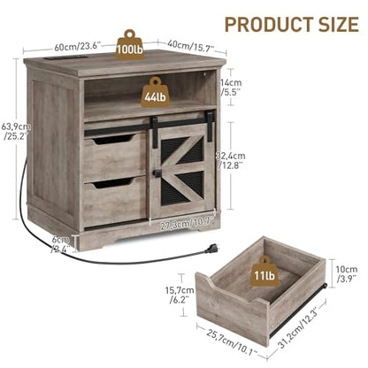 Farmhouse End Table with Charging Station, Sofa Side Table with 2 Drawers and Barn Door, Rustic Wooden Nightstand Bedside Table for Bedroom, Living Room, Greige