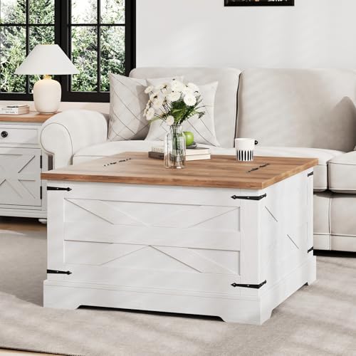 BestHaped Farmhouse Coffee Table with Hidden Storage, White Square Coffee Table for Living Room, Wood Large Center Table with Hinged Lift Top for Home, Office