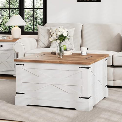 BestHaped Farmhouse Coffee Table with Hidden Storage, White Square Coffee Table for Living Room, Wood Large Center Table with Hinged Lift Top for Home, Office