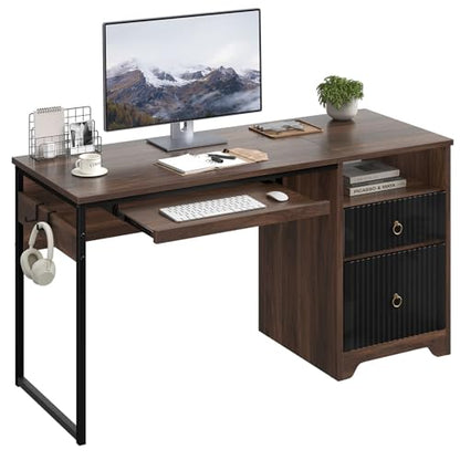 55 Inch Computer Desk with Keyboard Tray, Modern Office Desk with Storage, Wood Writing Desk with File Drawer, Fluted Panel & 2 Hooks for Home Office & Studio, Cherry