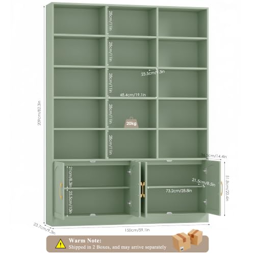 82.3" Triple Wide Bookshelf, 7-Tier Tall Bookcase with 15-Cube Open Bookshelf & 4 Doors, Large Bookshelf with Storage Cabinet, Modern Bookshelf for Living Room, Office, Study Room, Green