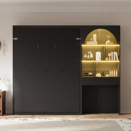 Queen Size Murphy Platform Bed with Side Cabinets, Drawer, Open Shelves | Folding Platform Bed, Murphy Chest Bed Can be Folded into a Cabinet, Multi-function Murphy Wall Bed, Small Room