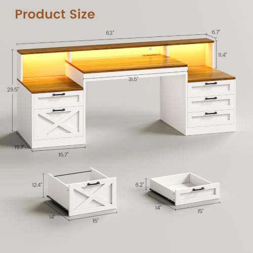 63" Farmhouse Office Desk with 5 Drawers, White and Brown, view 3