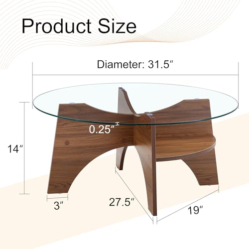 31.5" Round Glass Coffee Table with Tempered Glass Top and MDF Base, Diagonal Fan-Shaped Tray Design Table Leg Simple & Modern Center Table for Living Room Office Apartment Walnut