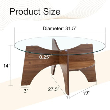 31.5" Round Glass Coffee Table with Tempered Glass Top and MDF Base, Diagonal Fan-Shaped Tray Design Table Leg Simple & Modern Center Table for Living Room Office Apartment Walnut
