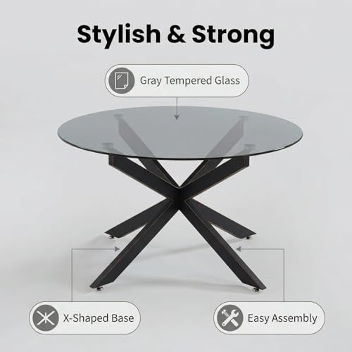 Black Round Glass Coffee Table for Living Room, Home Office, Modern & Simple Center Table with Gray Tempered Glass Top, 35.5" Wx19.7 H
