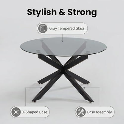 Black Round Glass Coffee Table for Living Room, Home Office, Modern & Simple Center Table with Gray Tempered Glass Top, 35.5" Wx19.7 H