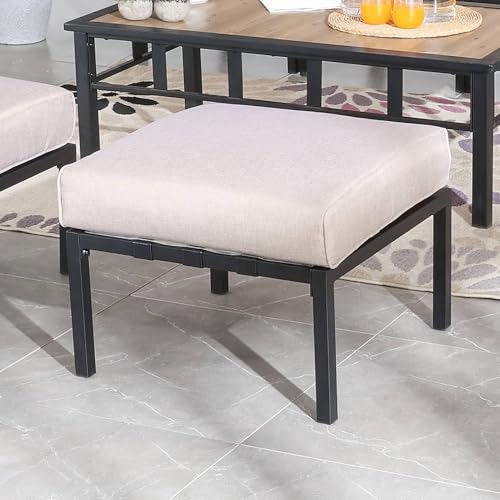 Patio Ottoman Metal Foot Stool Outdoor Ottoman with 5.9" Thick Beige Cushion, 22.4" W x 22.4" D x 18.1" H