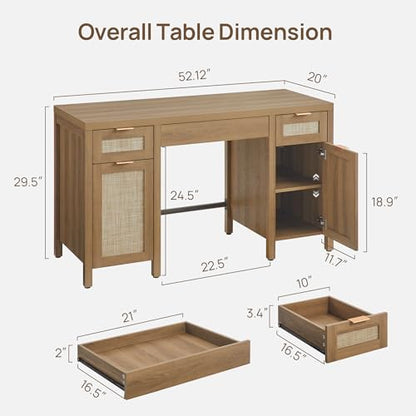 52" Rattan Home Office Desk with 3 Drawers: Boho Executive Desk with 2 Storage Cabinets, Large Computer Writing Table for Study, Office, Living Room