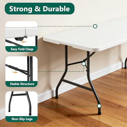 6FT Folding Table, Heavy Duty Plastic Fold-in-Half Utility Table with Handle, Portable Camping Picnic Table with Steel Legs for Indoor Outdoor Party, Dining, White,2 Pack