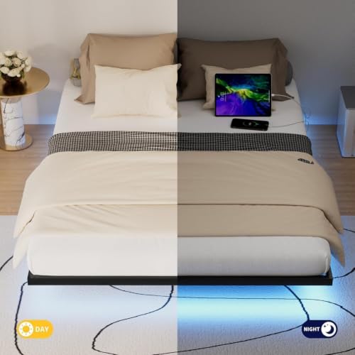 Floating Bed Frame King Size with LED Lights and Charging Station, view 8