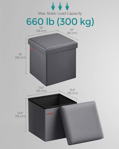 SONGMICS Mazie Collection - 15 Inches Ottoman with Storage, Footstool, Storage Ottoman, Load 660 lb, for Dorm, Living Room, Bedroom, Synthetic Leather, Dark Gray ULSF010G01