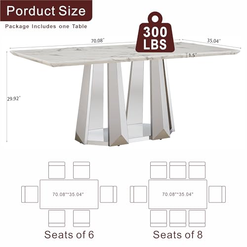 Marble Dining Table for 6 People, 70'' Rectangle Faux Marble Dining Table with Mirrored Stainless Steel Base, Large Size Marble Kitchen Table (Silver,White)(only Table)