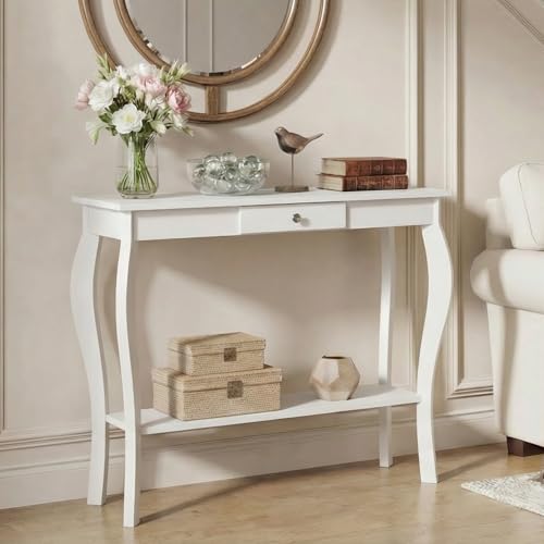 Narrow Console Table with Drawer, Chic Accent Sofa Table, Entryway Table, 39.3 Inch, White